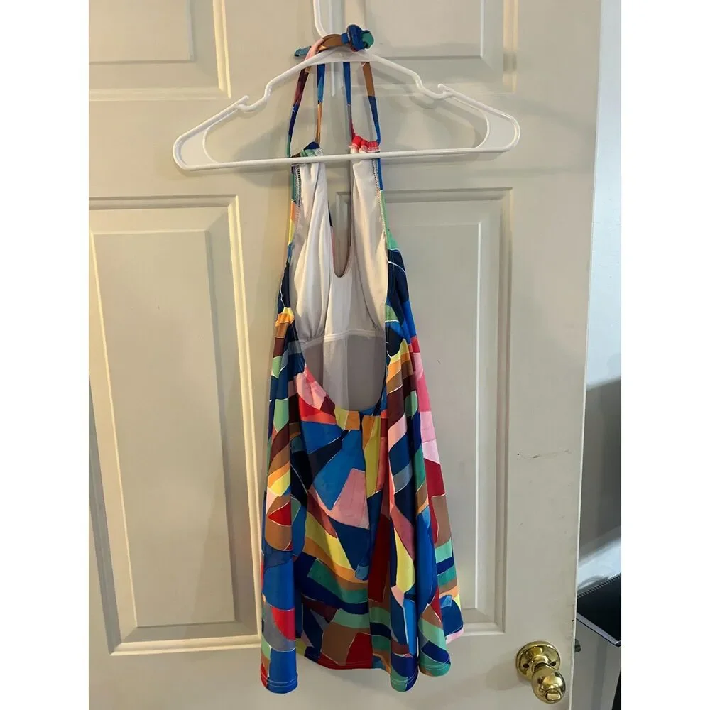 Venus NWOT Rainbow Geometric Print Swimdress Halter Swimsuit Built-In Shorts 6 S